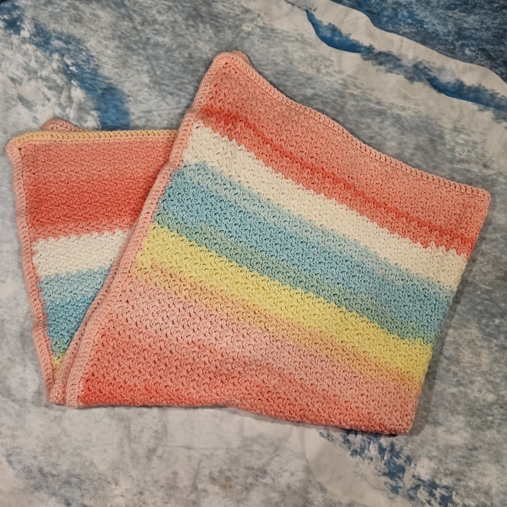 Handmade Crochet Baby Blanket Pastel Rainbow Afghan Pink Blue‎ Yellow 32"